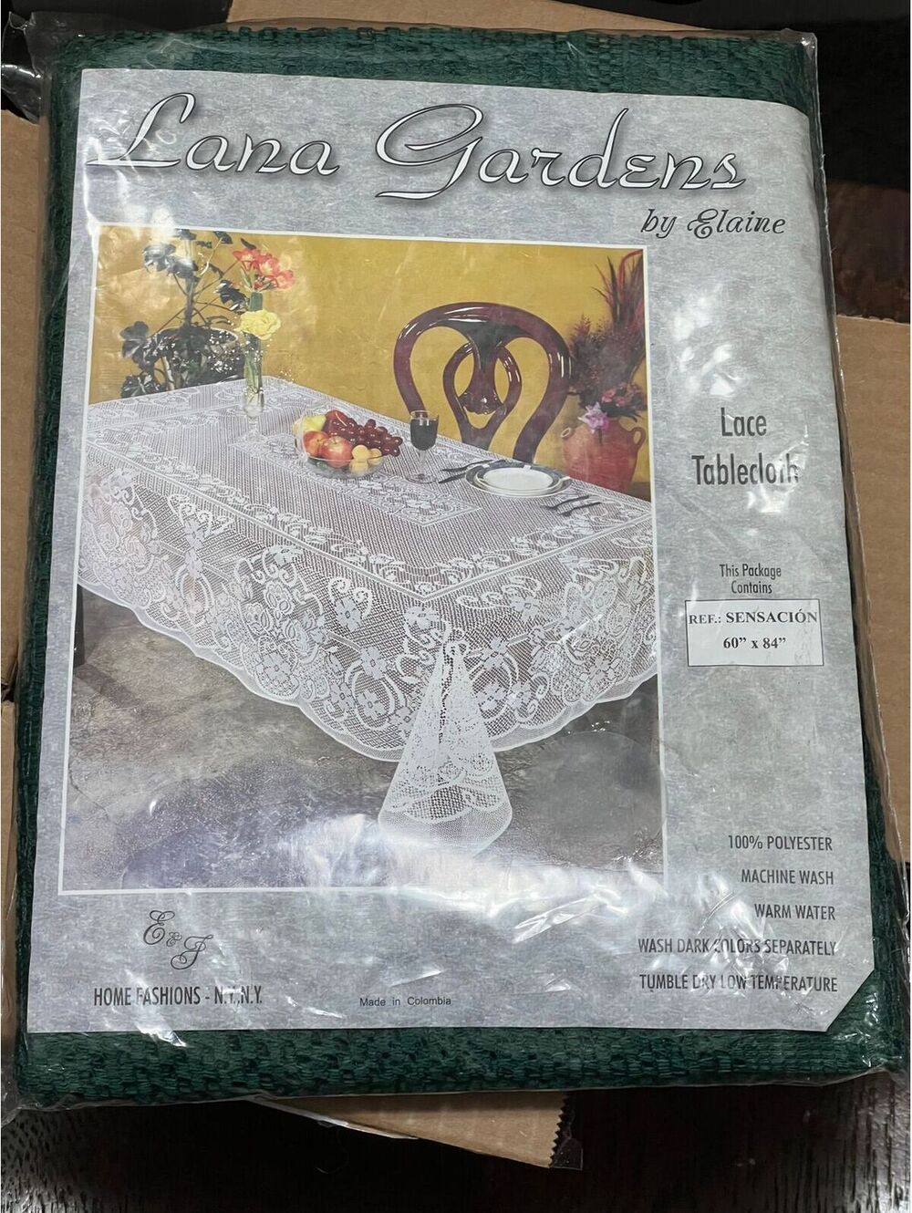 Green Lana Gardens by Elaine lace tablecloth is a 60" x 84" polyester